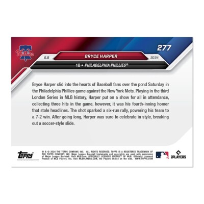 2024 MLB Topps NOW 277 BRYCE HARPER HR IN LONDON SERIES