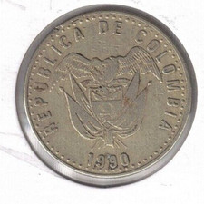 1990 Colombia Circulated 50 Pesos Flagged Arms Over Date Coin