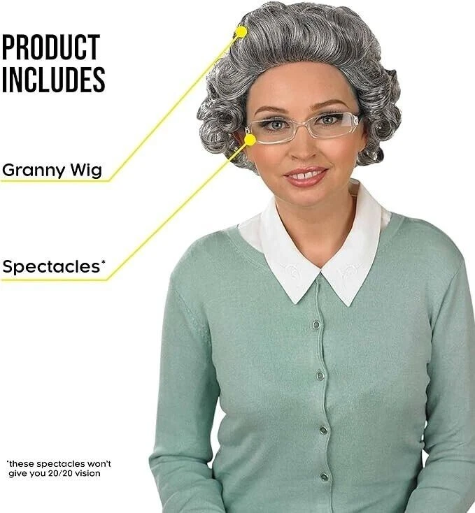 Women` s Curly Gray Granny Wig + Glasses For Old Lady Grandma Mrs Claus Costume - Image 3 of 3