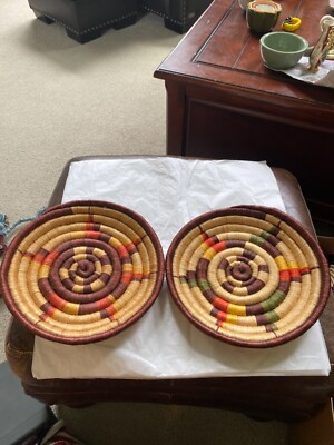 RARE  2 African or Native American Bundle Coiled Baskets Trays  12 