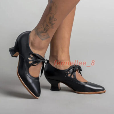 Women's Vintage Lace Up Low Heel Dress Shoes Pointed Toe Hollow Mary Jane  Pumps