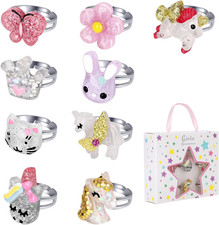 Little Girl Jewel Rings in Box, Adjustable Rings for 3-10 Year Old Girl Birthday