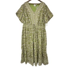 LEA Green Floral Print Midi Dress Plus Size 3X Flutter Sleeve Boho Cottagecore