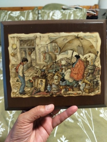 Vintage 1966 Anton Pieck Flea Market Wood Plaque Donald Art Co Mid Century Art