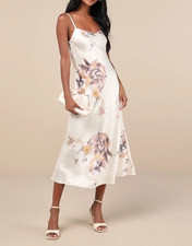 LULUS Womens Large Certified Stunning Beige Satin Floral Lace up Midi Slip Dress
