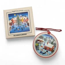 New in Box Villeroy & Boch Naif Christmas Ornament Porcelain Snow Cabin Man Dog