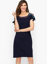 Talbots M Embroidered Shift Dress Nantucket Slub Navy Blue 100% Cotton