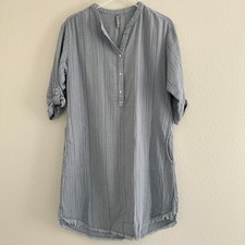 XCVI Dress Womens Medium Blue Striped Cotton Gauze Roll Tab Henley 3396