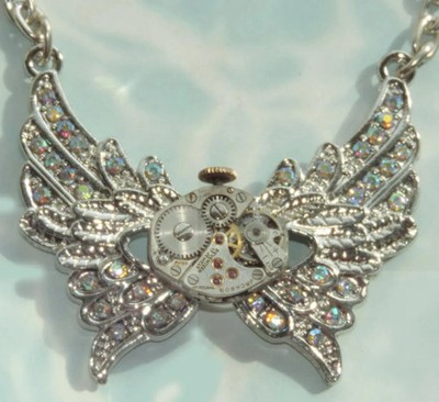 Steam Punk Butterfly Wing Insect Bug Watch Clock Pendant Necklace Fairy Goth