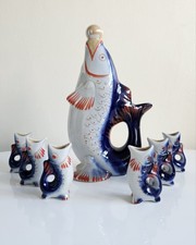 Vtg 60's Soviet USSR Porcelain Fish Shape Decanter & 6 glasses Set Polonsky ZHK