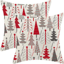 Geometric Christmas Pillow Covers Set of 2, 18x18 Inch Red Grey Linen Cases