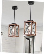 2 Pack Farmhouse Pendant Light, Metal Hanging Light Fixture with Wooden Grain