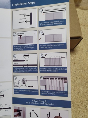 HIKAN Adjustable Curtain Rod 36"-120", 1” Diameter Heavy Duty Rod w/ 2 Holdbacks - Picture 12 of 16