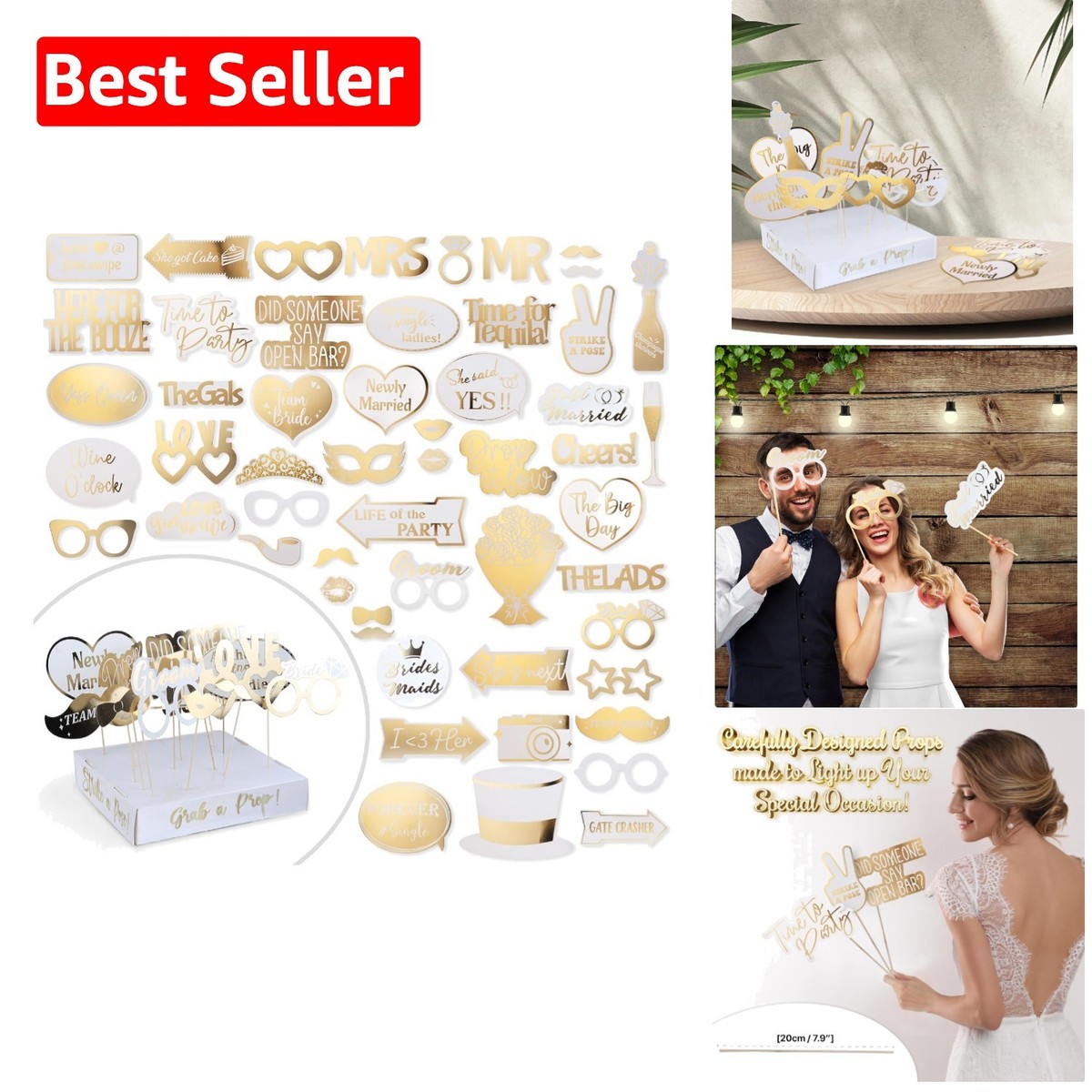 Glamorous 60-Piece Wedding Photo Booth Props Organized Stand