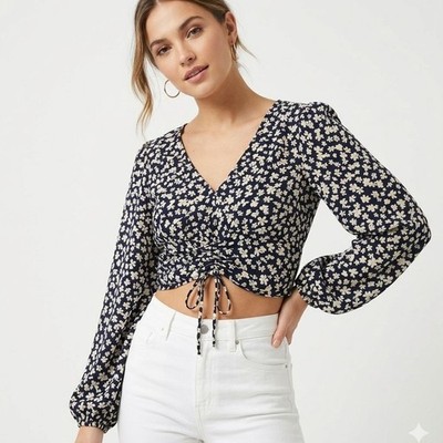 H&M Black Floral Crop Top Long Sleeve V-Neck Drawstring Hem Blouse Women Size M