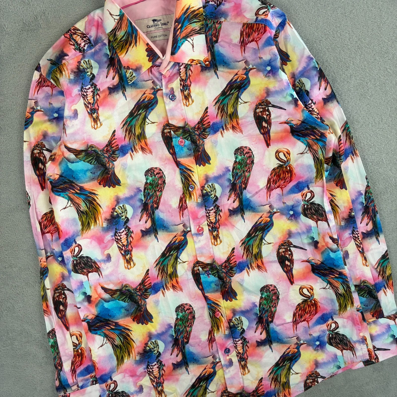 VTG Claudio Lugli Pink Watercolour Bird Pattern Size Small L/S Button Up Shirt image 2