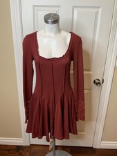 Free People Little Love Red Thermal Mini Dress W/ Crochet Lace Cuffs, Size XS