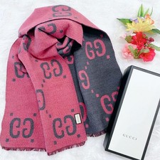 GUCCI GG Jacquard Scarf Wool Silk Gray Pin 190cm 37cm With Box Women Used Japan