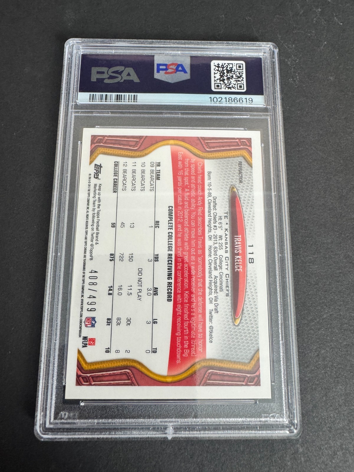 2013 TOPPS CHROME #118 TRAVIS KELCE CAMO REFRACTOR RC ROOKIE /499 #118 PSA 9 view 2