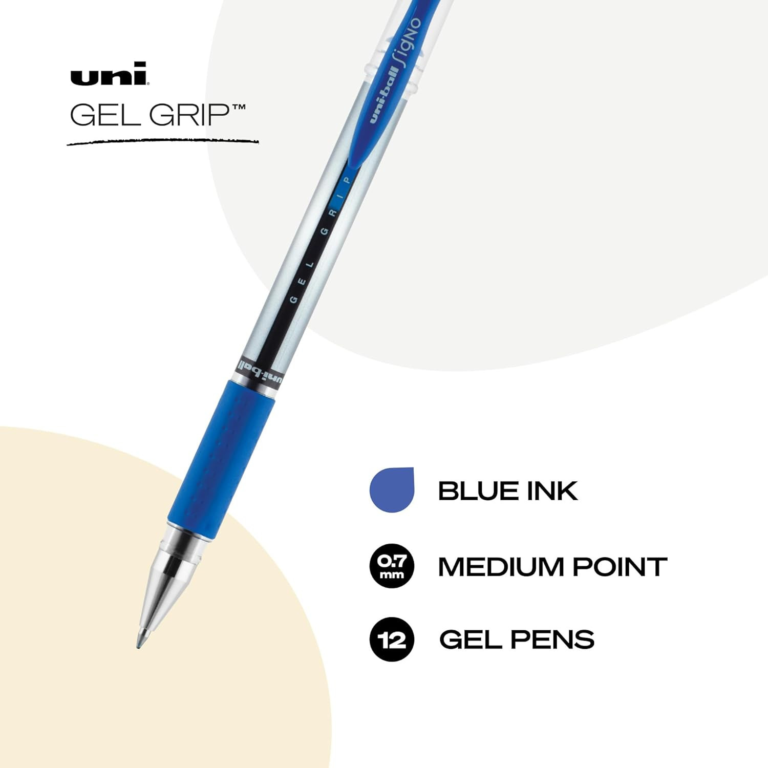 Blue Gel Pens 0.7mm Medium Point | Rubber Grip | 12 Pack