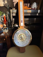 Vintage Wall Barometer Thermometer Wood Weather Station Made in England