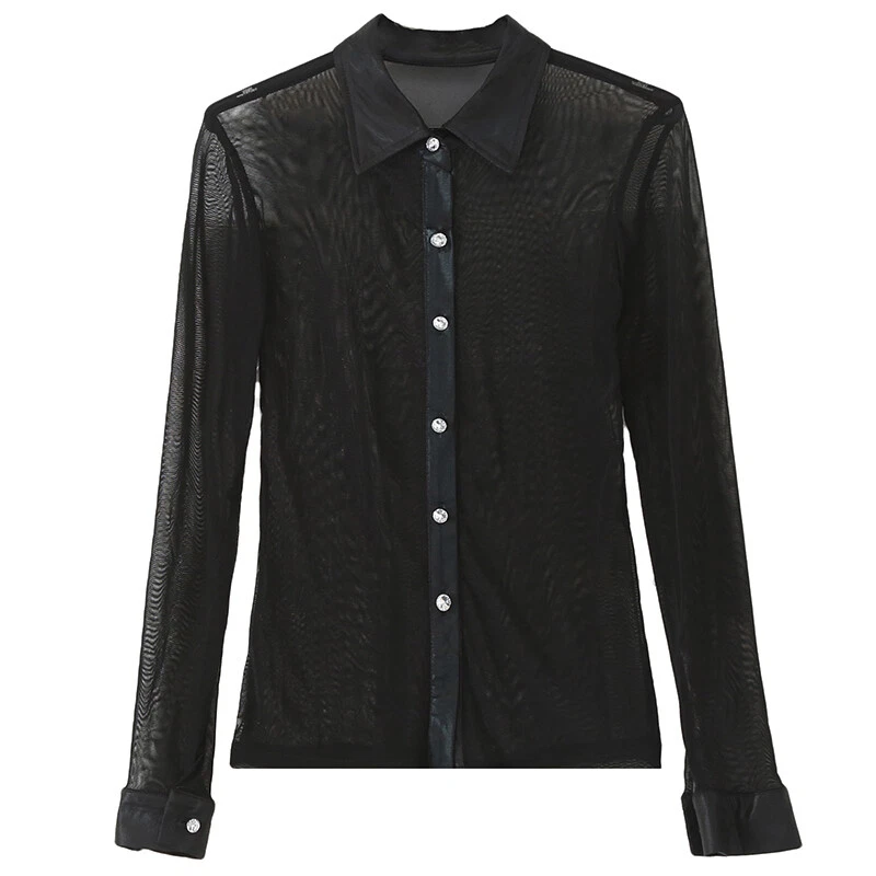 Camicia Blusa Top Donna Nera In Rete Lunga Manica Trasparente Casual Sexy Club - Immagine 3 di 4