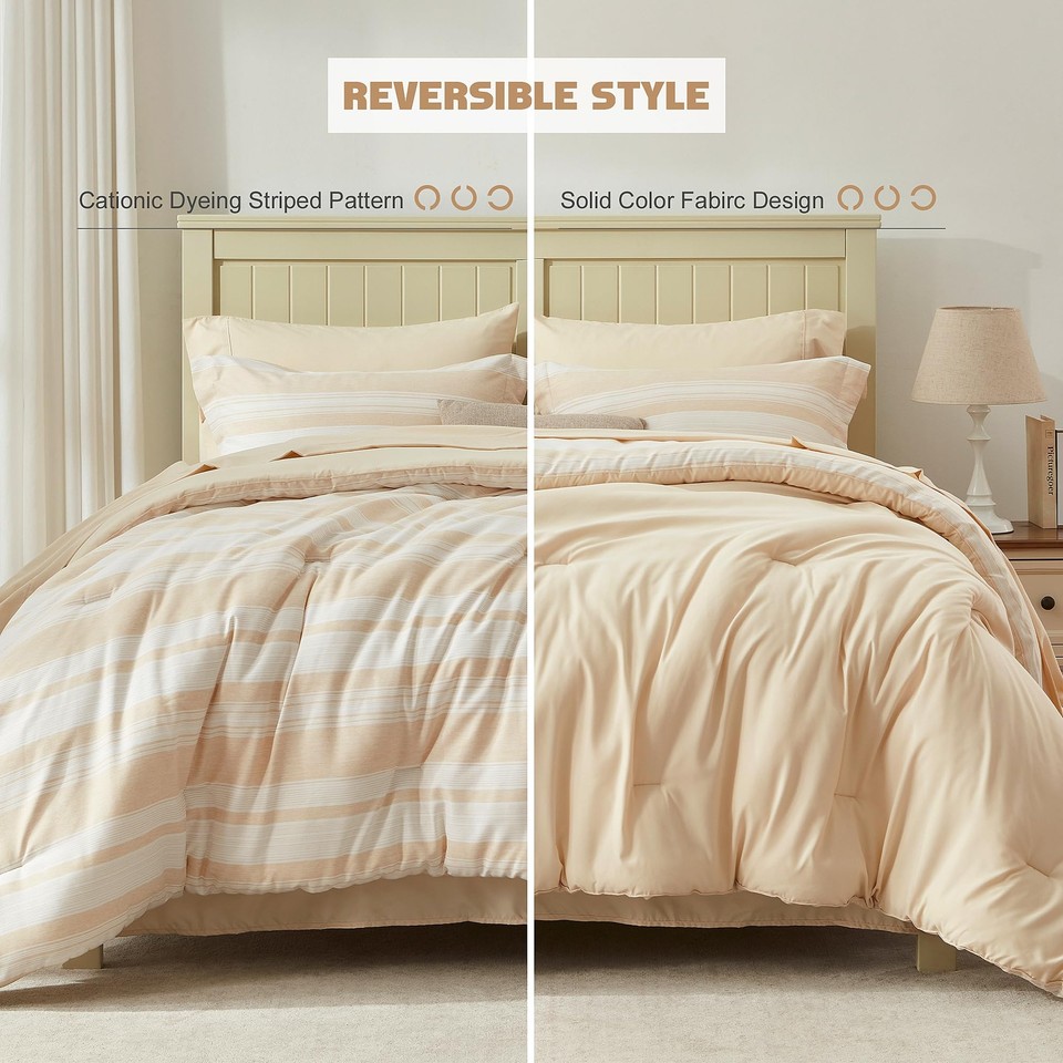 UNILIBRA Beige Twin Size Comforter Set, 5 Pieces Bed in a Bag Striped