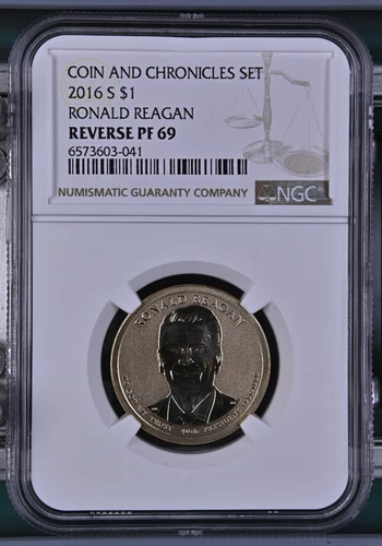 2016 S Ronald Reagan Coin and Chronicles Set Dollar NGC Reverse PF69