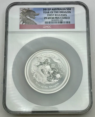 2012-P Australia $8 Silver Year Of The Dragon 5oz NGC PF-69 UC, NR.