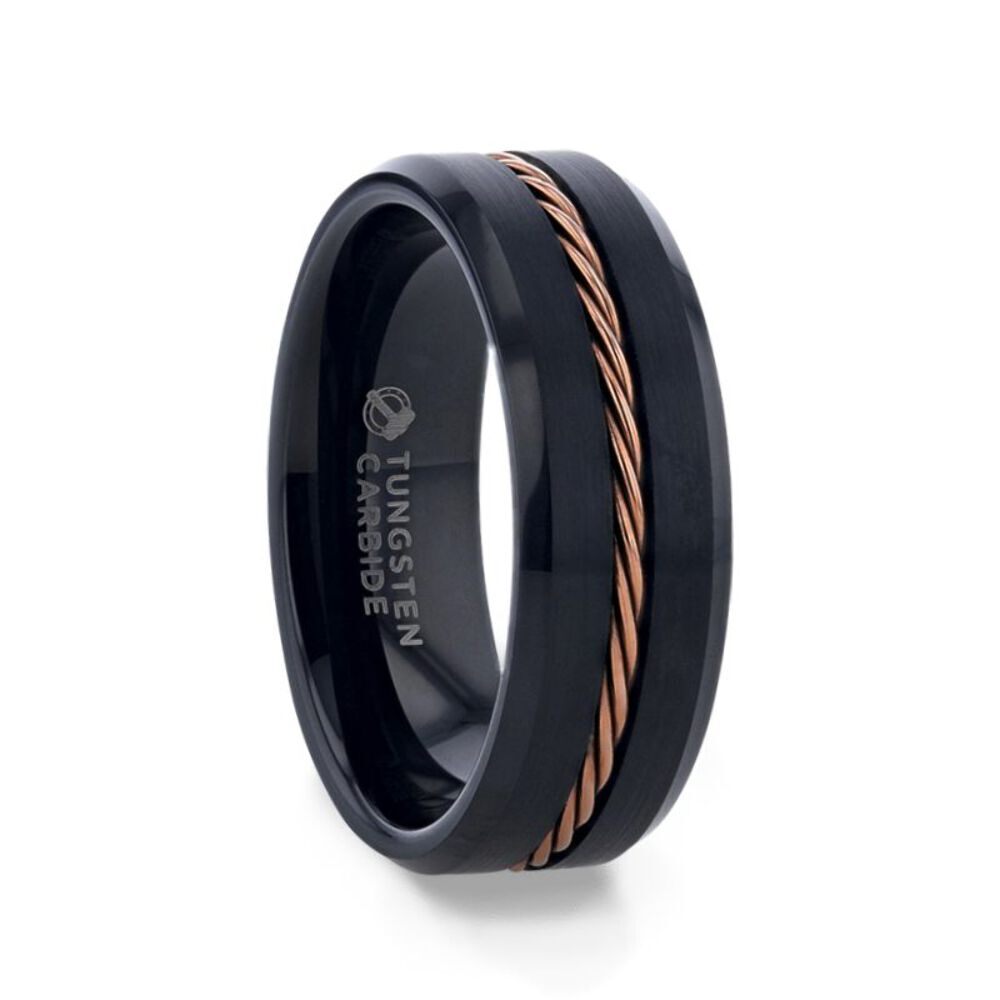Thorsten ADELARD Rose Gold Braided Brushed Center Black Tungsten Wedding Band With Polished Beveled Edges - 8mm Thorsten ADELARD Rose Gold Braided Brushed Center Black Tungsten Wedding Band With Polished Beveled Edges - 8mm
