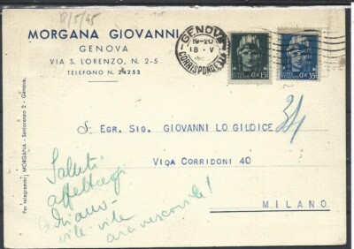 1945 15C+35C ON POSTCARD FROM GENOA X MILAN
