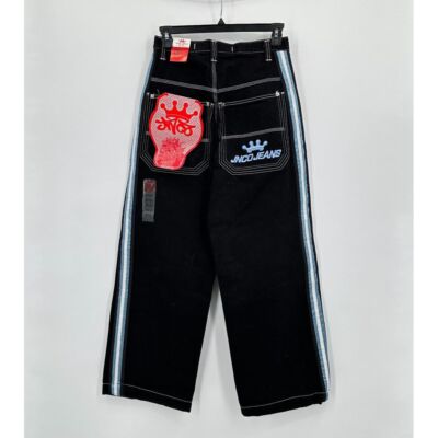 Y2K NWT JNCO Jeans Men 29x30 Black Tribal Crown Dragon Stripe