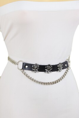 Women Silver Metal Chain Links Western Style Belt Rose Flower Charms Size M L XL
