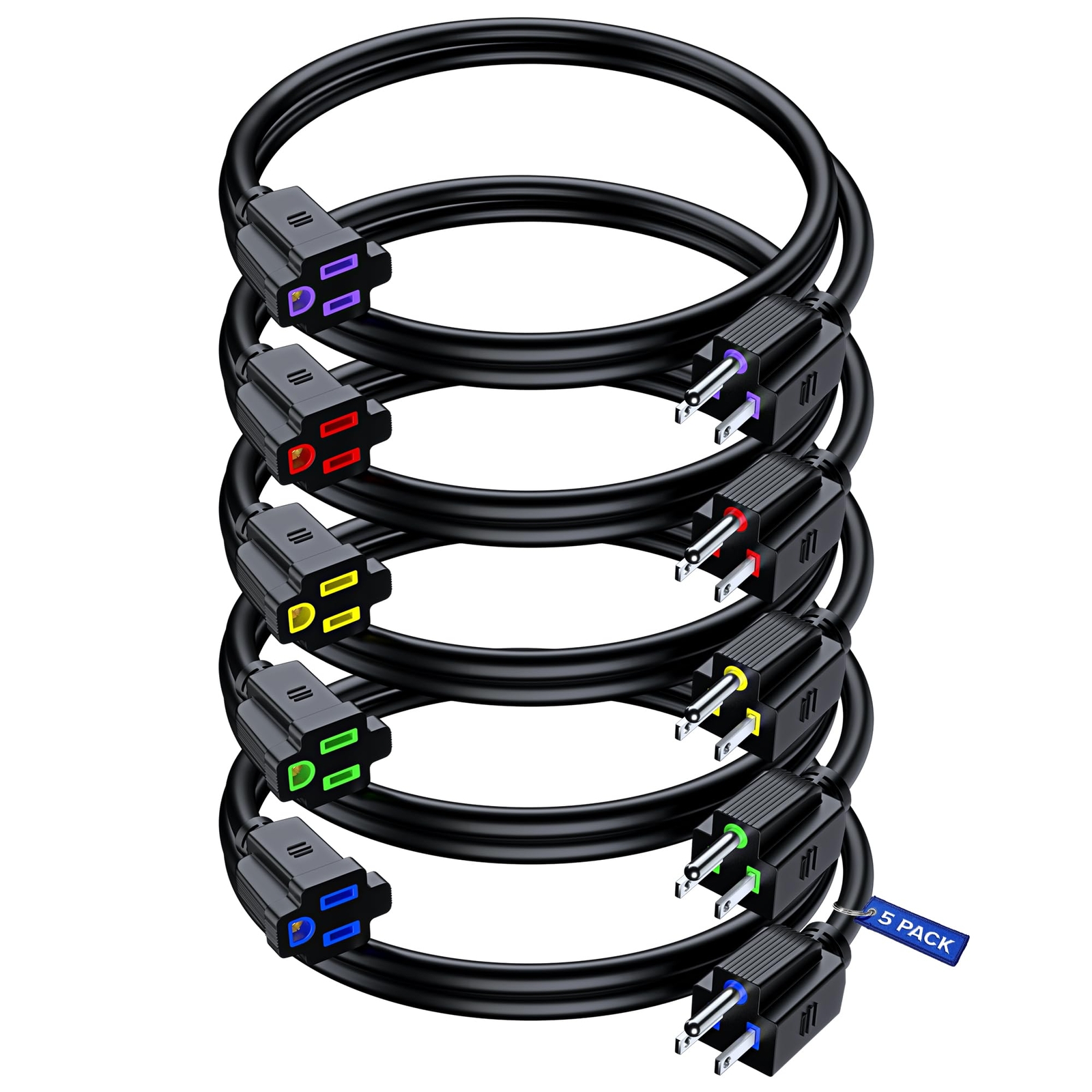 Extension Cord 0.5 Ft 5 Pack Black 16AWG SJTW Multicolor Indicators ETL-image