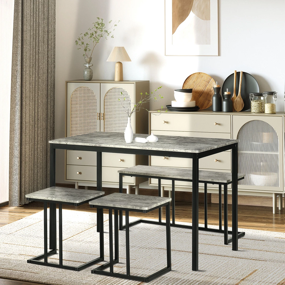 Dining Table Set Concrete Effect Kitchen Table and Chairs for 4