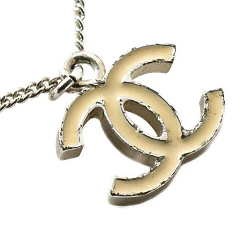 Collana CHANEL CC Loghi Smalto Bianco 16" Tono Argento 06V Autentica #4292