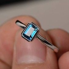 London Blue Topaz Engagement Ring Silver Bezel Setting Emerald Cut Promise ring