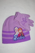 Girls DISNEY FROZEN Winter Beanie Hat ELSA ANNA SISTERS Purple GLOVES Snowflakes