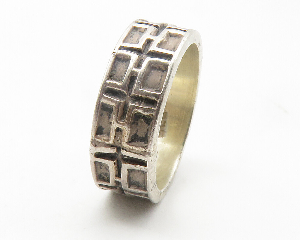MEXICO 925 Sterling Silver - Vintage Square Pattern Band Ring Sz 5 - RG11735