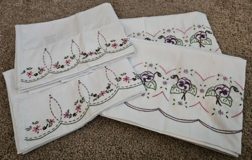 Vintage Hand Embroidered New Pillow Cases. 2 Sets of 2. Floral Design. White.  - Picture 1 of 10