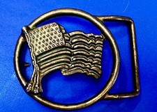 American Flag Stars Stripes Patriotic Brass Tone Figural USA Round Belt Buckle