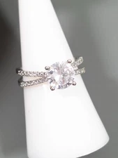 Silver Tone Round CZ Solitaire Criss Cross Band Bridal Wedding Ring Size 7.5