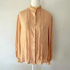 Vintage Lace High Neck Sheer Button Down Top 70s Victorian Edwardian Romatic