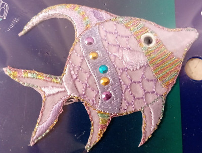 FISH Rainbow Metallic Embroidered Applique 2.5'' Wrights Iron-on Sealed Lavendar