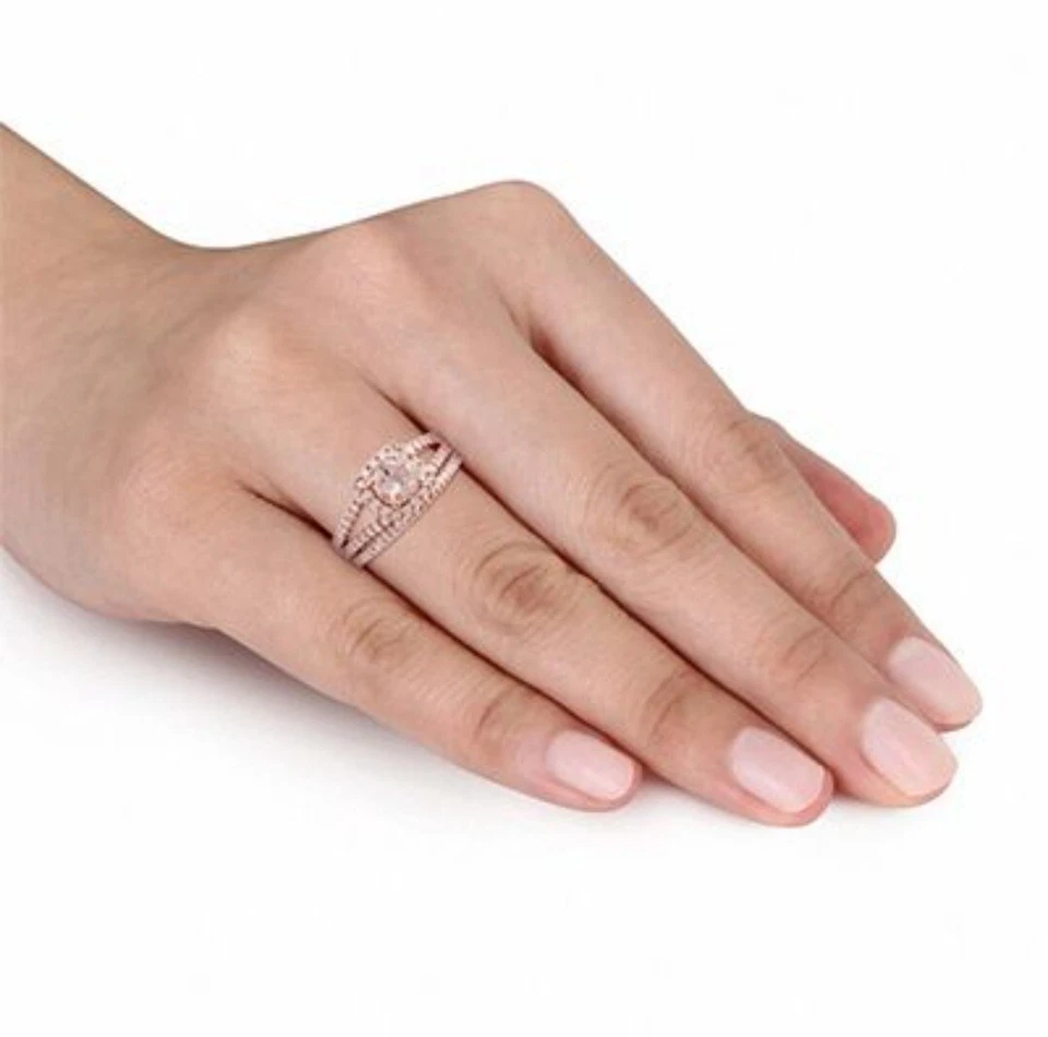 Morganita de 6,0 mm y 5/8 quilates T.W. Juego nupcial de vástago dividido con marco cuadrado de diamante Foto 3 de 4