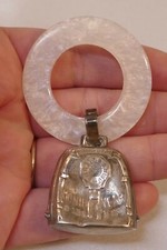 Vtg. Webster Sterling Silver  Mother Of Pearl Baby Rattle - Monogrammed Leslie