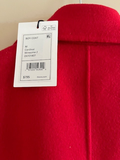 THEORY BOY COAT WINSOME 2 SIZE MEDIUM IN CARDINAL RED