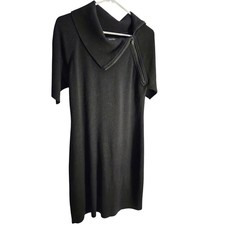 Ellen Tracy Sweater Dress Women Large Black Asymmetrical Zip Knit Cowl Neck