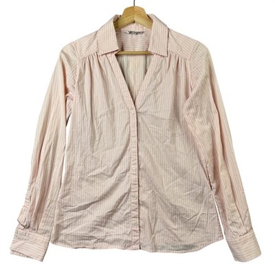 Loro Piana Womens Pink Striped Long Sleeve V-Neck Button Up Shirt Size 40 Cotton