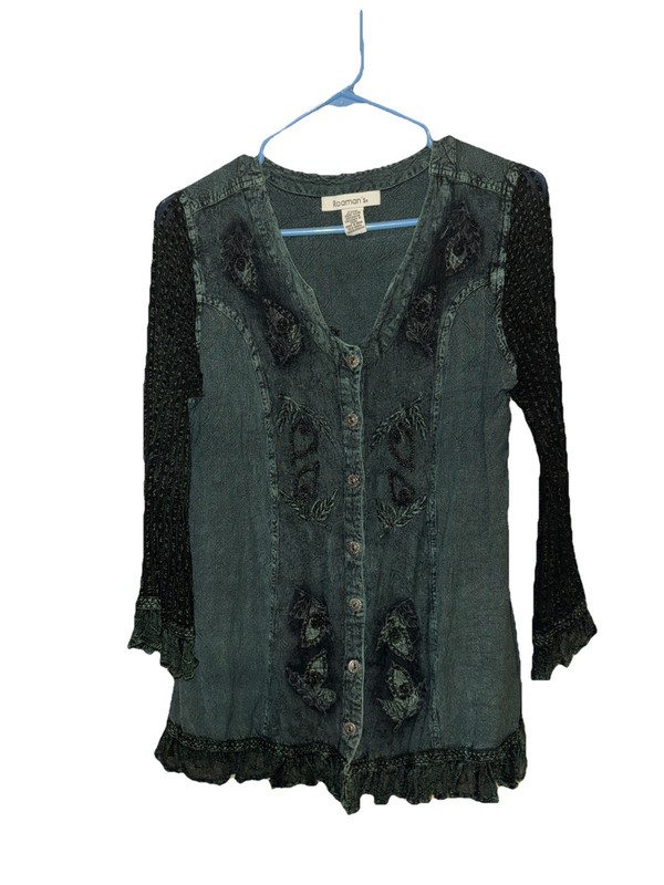 Woman's Romans Brand Blouse Green Button Size 12 Boho Vibe Super Cute, Unique